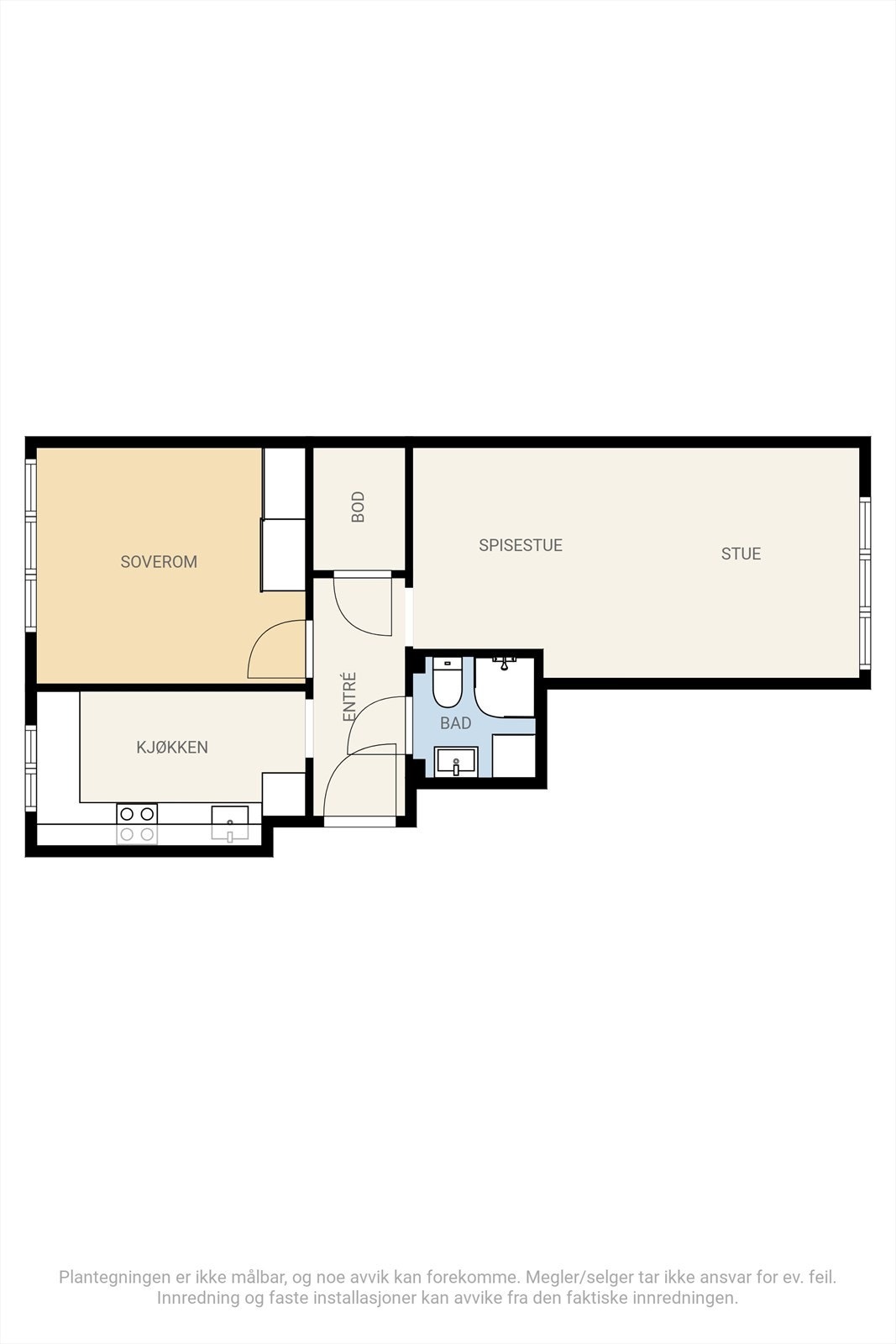 Plantegning - Lignende leiligheter i borettslaget har bygget om boligen til en 3-roms ved å flytte kjøkkenet ut i stuen. Galleribilde