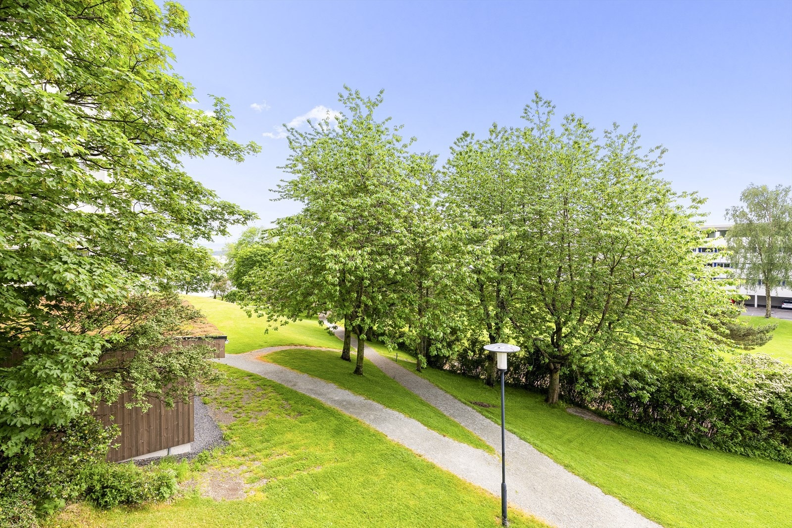 Utsikt fra balkong, vinterstid ser man gjennom trærne og ned til sjøen Galleribilde