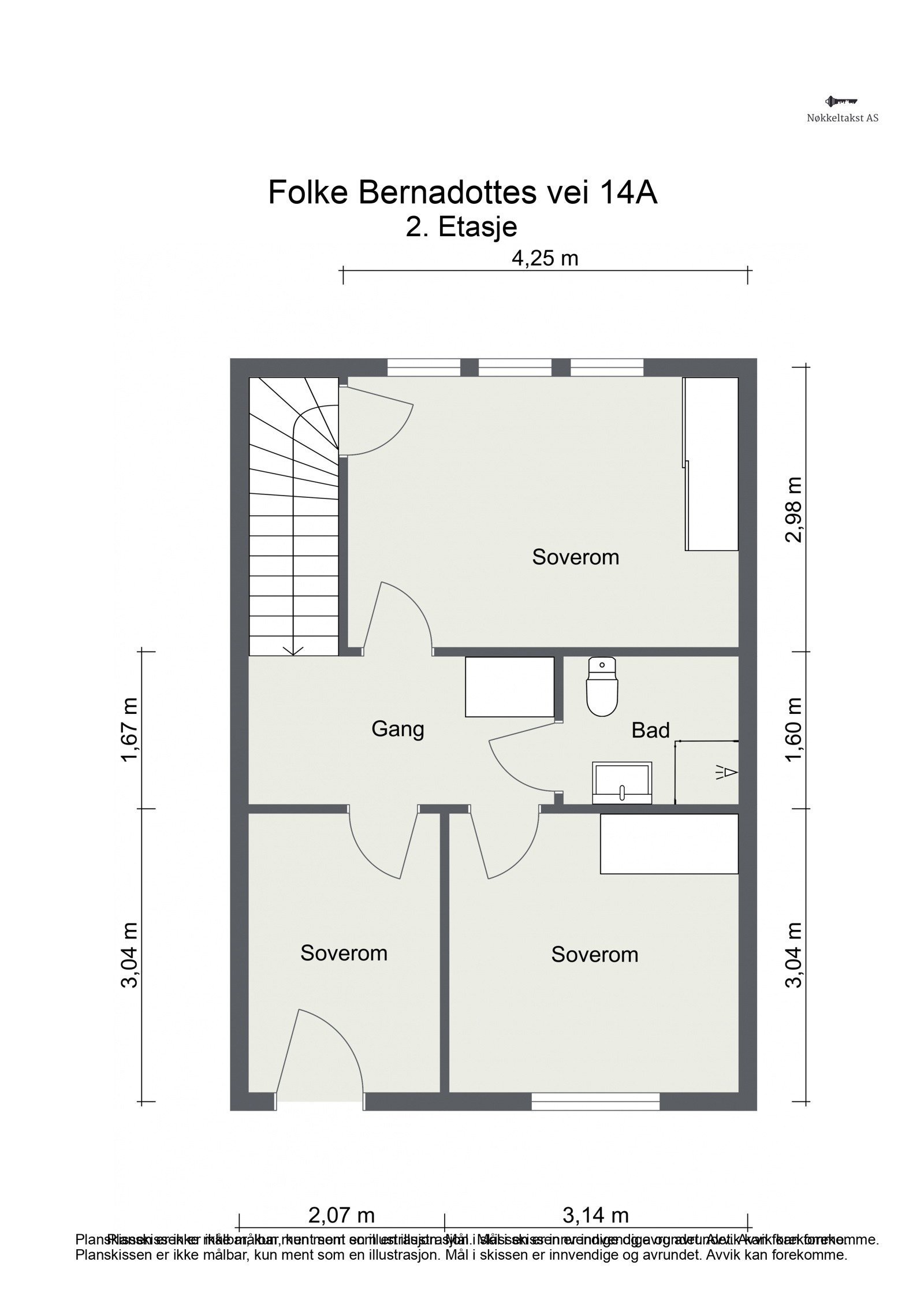 Planskisse 2.etasje: Soveromsetasjen måler 42 kvm og består av gang, 3 soverom og bad, nedfellbar stige til lagringsloft med god takhøyde. Galleribilde