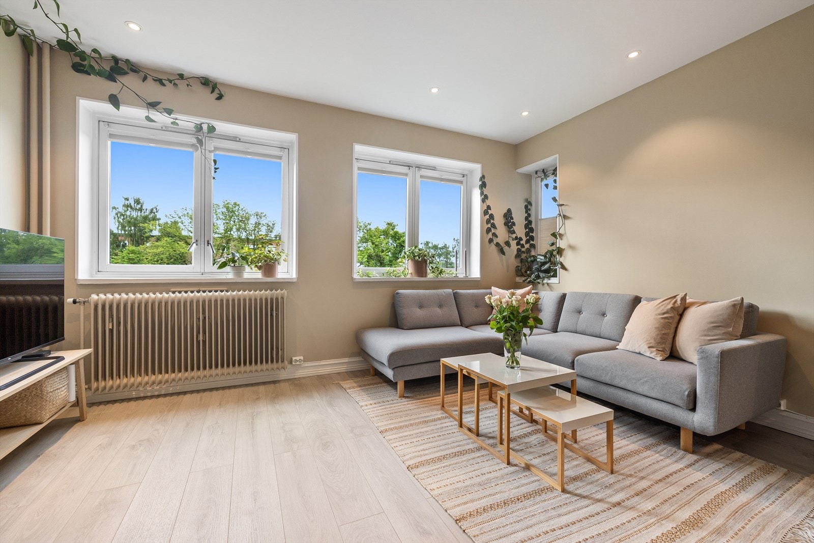 Det er god plass til en stor sofagruppe, stuebord og tilhørende møblement. Galleribilde