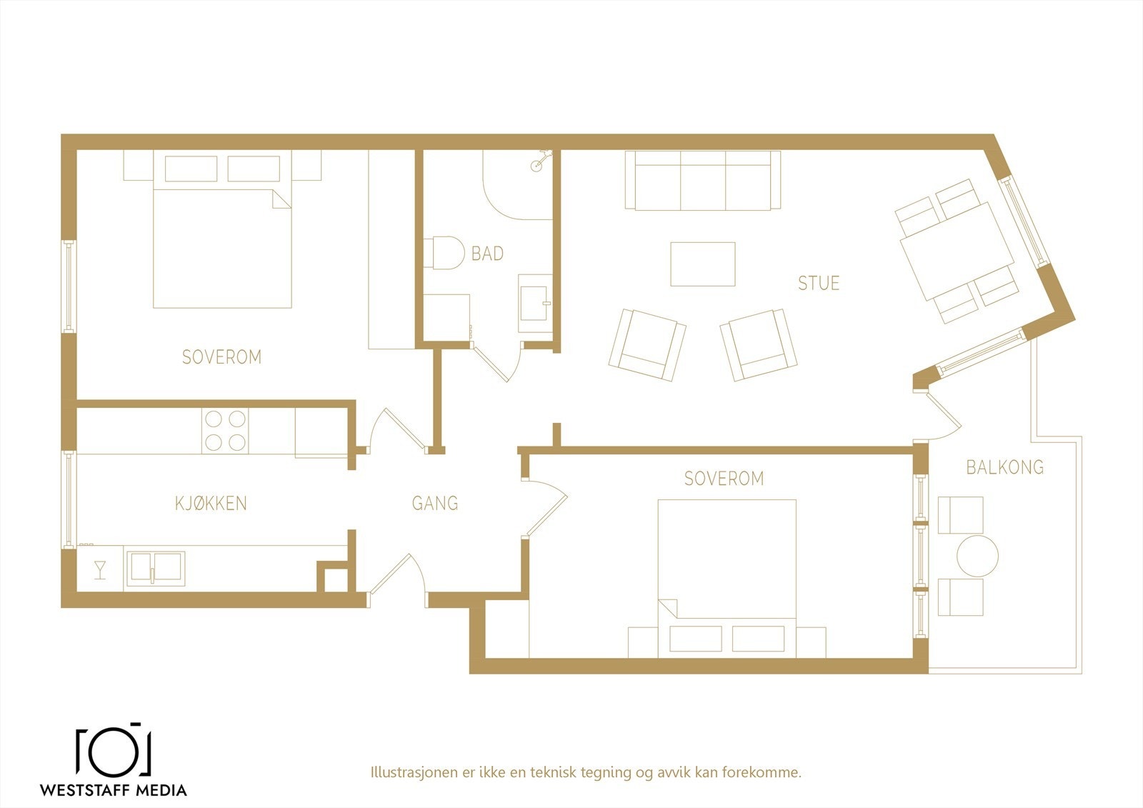 - Plantegning, i tillegg disponerer leiligheten tre eksterne boder på totalt 7,38 m² - Galleribilde
