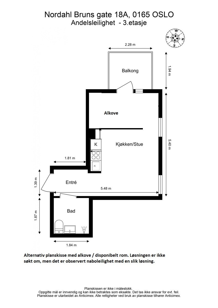 Alternativ planløsning med alkove/disponielt rom. Løsningen er ikke søkt om, men det er observert naboleilighet med tilsvarende planløsning. Galleribilde