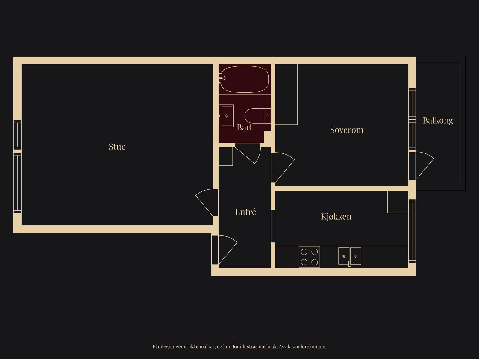 Plantegning. Mulig å gjøre om til 3-roms ved å flytte kjøkkenet ut i stuen. Galleribilde