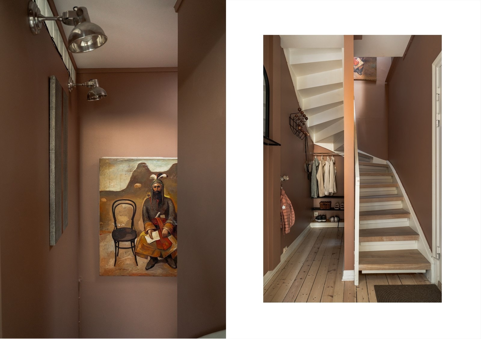 Entré med plass til klær og sko under trapp. Adkomst via trapp opp til 4. etasje Galleribilde