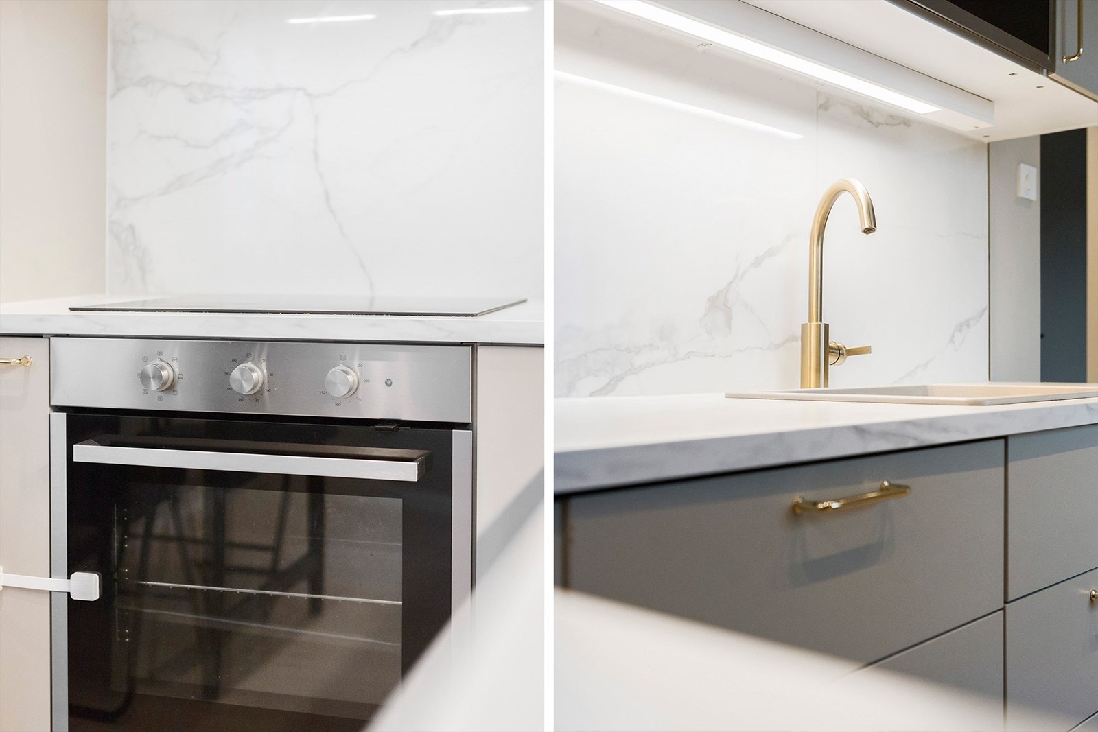 Kjøkken er velutstyrt med integrerte hvitevarer som stekeovn, oppvaskmaskin, platetopp og kjøl/fryseskap. Galleribilde