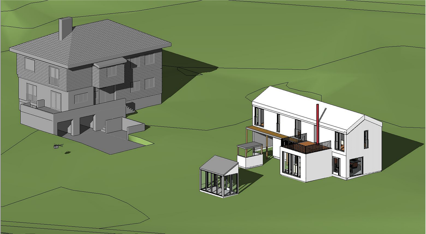 3D tegning av John Colletts allè 79 og nytt hus i hagen som skal bygges. Galleribilde