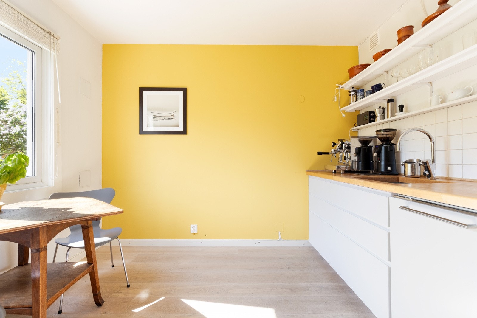 Kjøkkenet har friske farger på veggene. Galleribilde