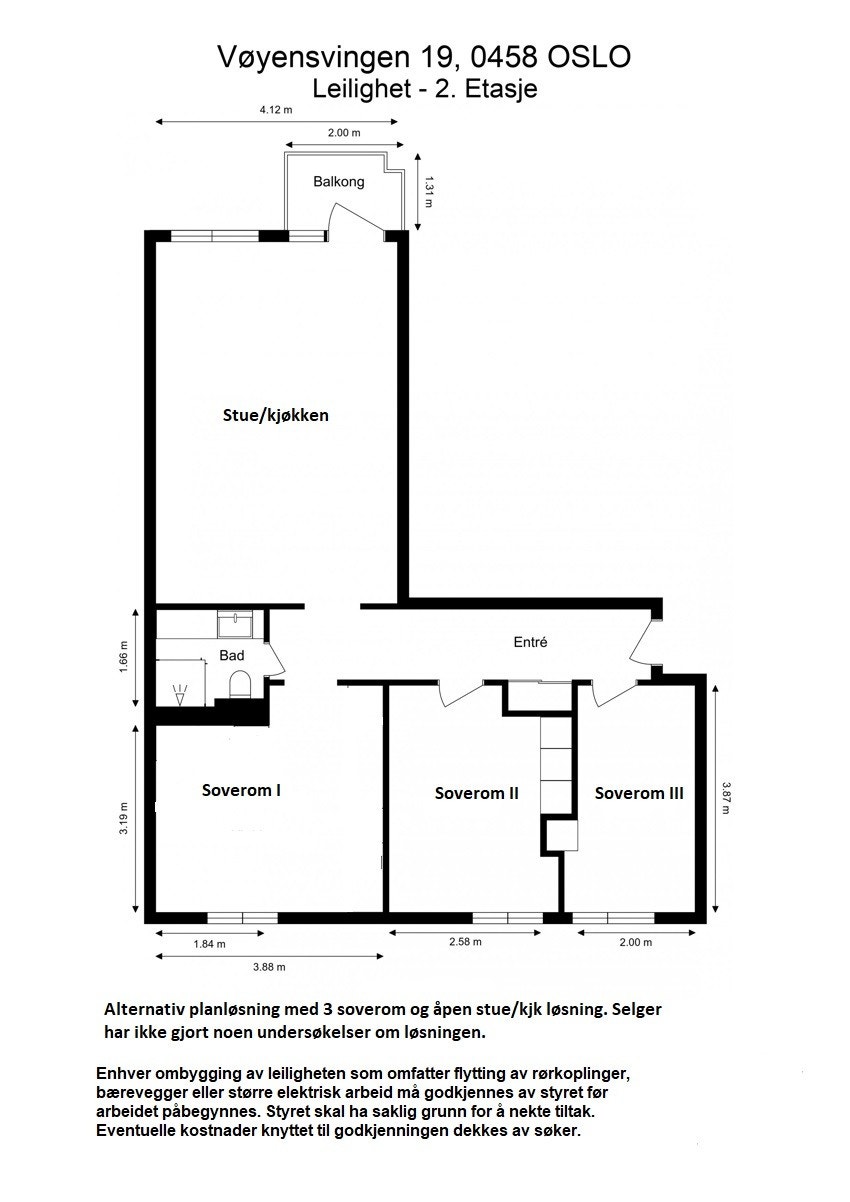 Alternativ planløsning med 3 soverom. Galleribilde