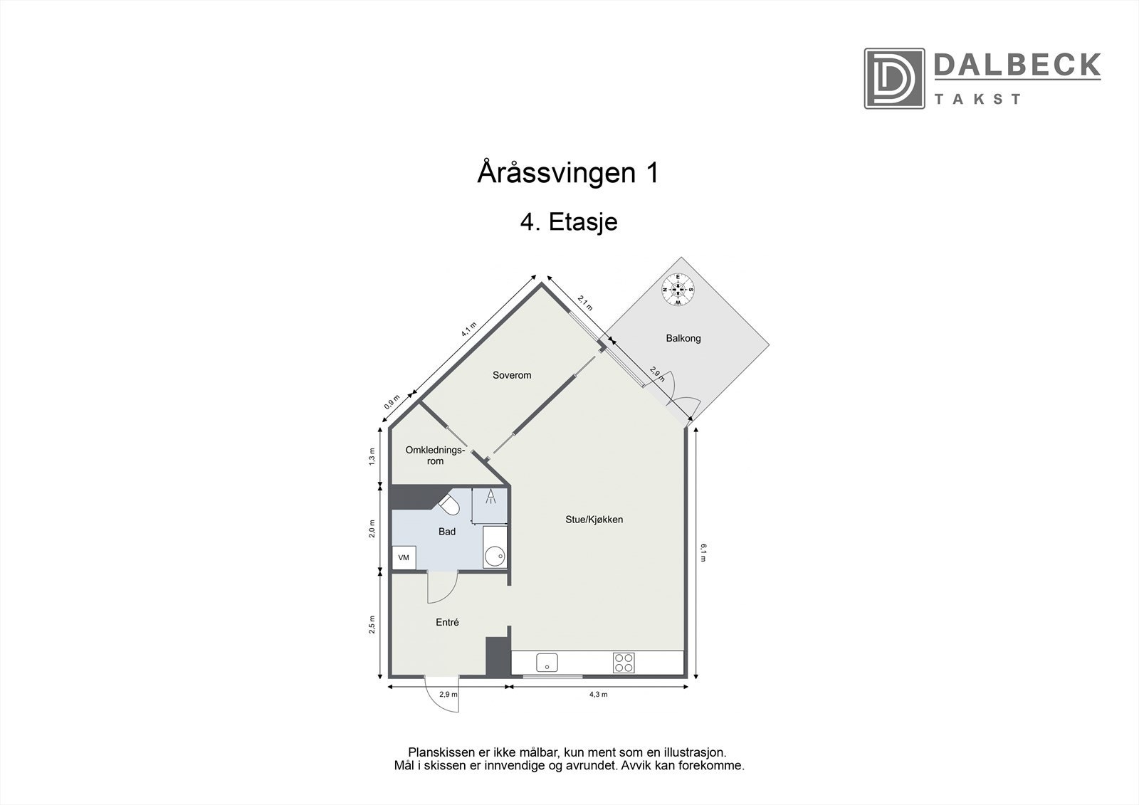 4.etasje: Éntre, Kjøkken/Stue, Soverom, Bod og Bad.
Annet: Balkong, Parkeringsplass og ekstern disponibel bod. Galleribilde