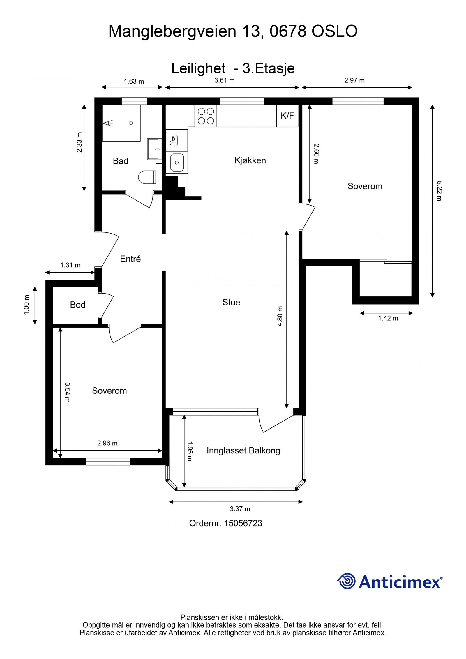 Plantegning. I tillegg disponerer leiligheten en kjellerbod på ca. 4m², samt ett nettingskap i kjeller. Galleribilde