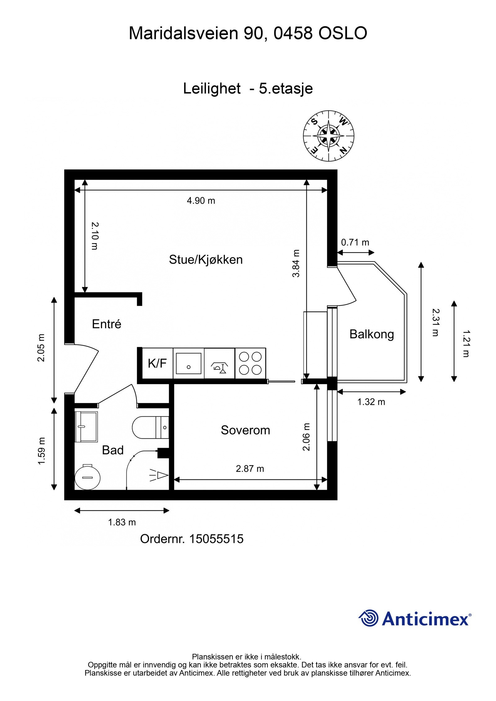 Plantegning. I tillegg disponerer leiligheten en kjellerbod på ca. 2m², samt en loftsbod med gulvareal på ca. 5m² (ikke måleverdig). Galleribilde