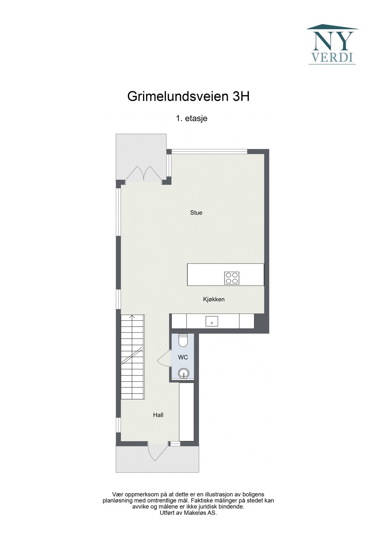 1. etasje: Entré, trapperom, toalettrom, stue/kjøkken med peisovn og utg. til balkong. Galleribilde