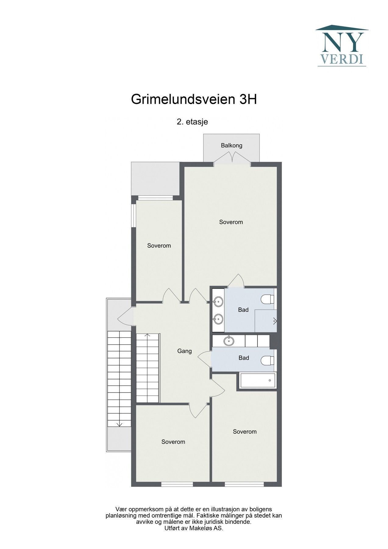 2. etasje: Trapperom, fire soverom (et med utg. til balkong) og to baderom. Galleribilde