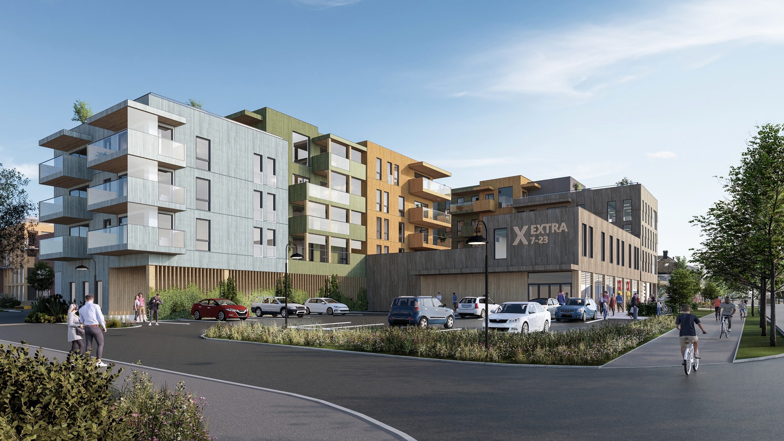 Fasade sett fra sørvest. - Til venstre i bildet er nedkjøring til parkeringsanlegg og til høyre sees Coop Extra. Galleribilde