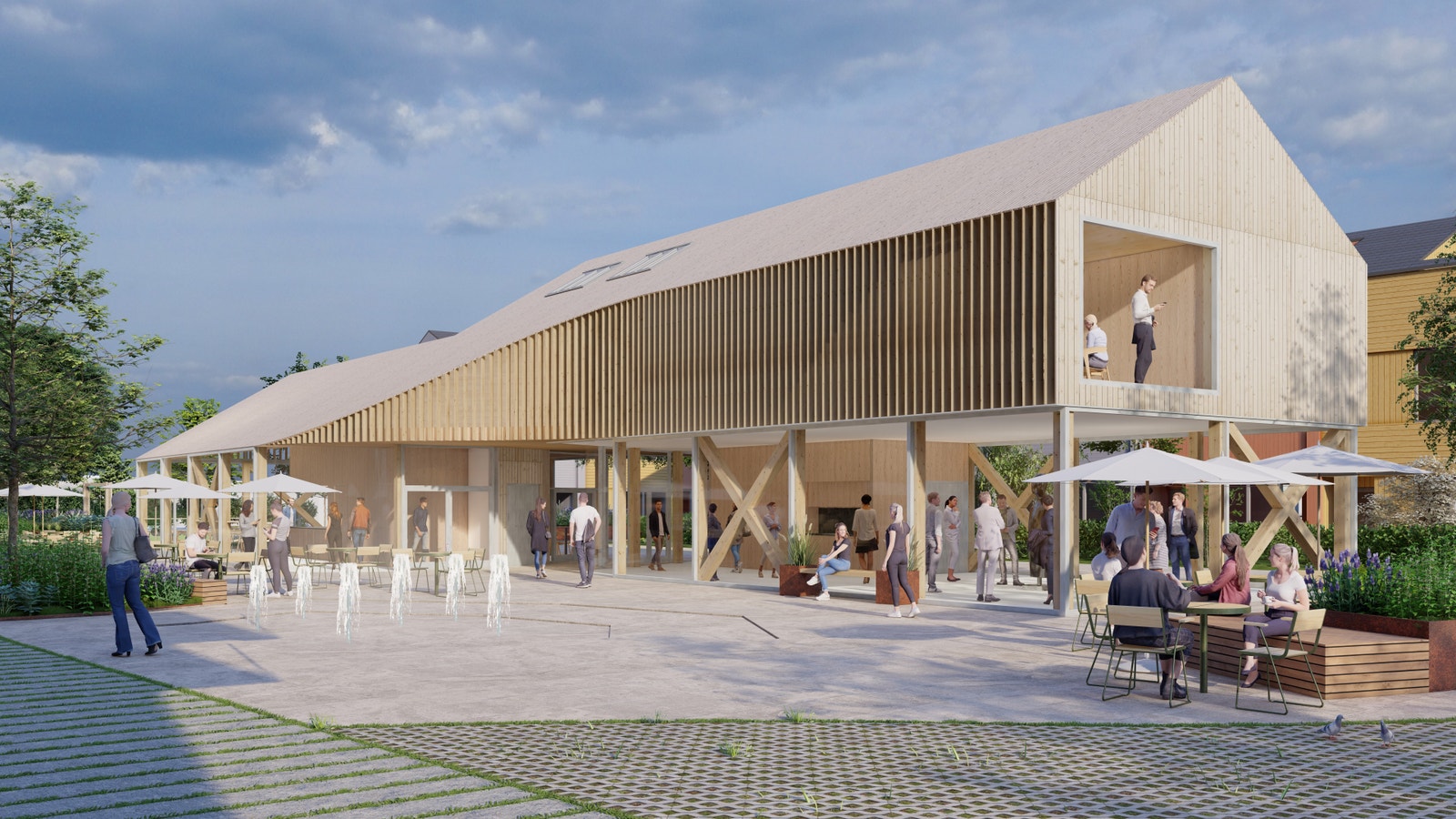 Midt på torget kommer selve hjertet i prosjektet – Torghuset. Dette blir et koselig grendehus som skal fylles med liv fra morgen til sent på kveld. Torghuset vil bygges og etableres i neste byggetrinn. Galleribilde