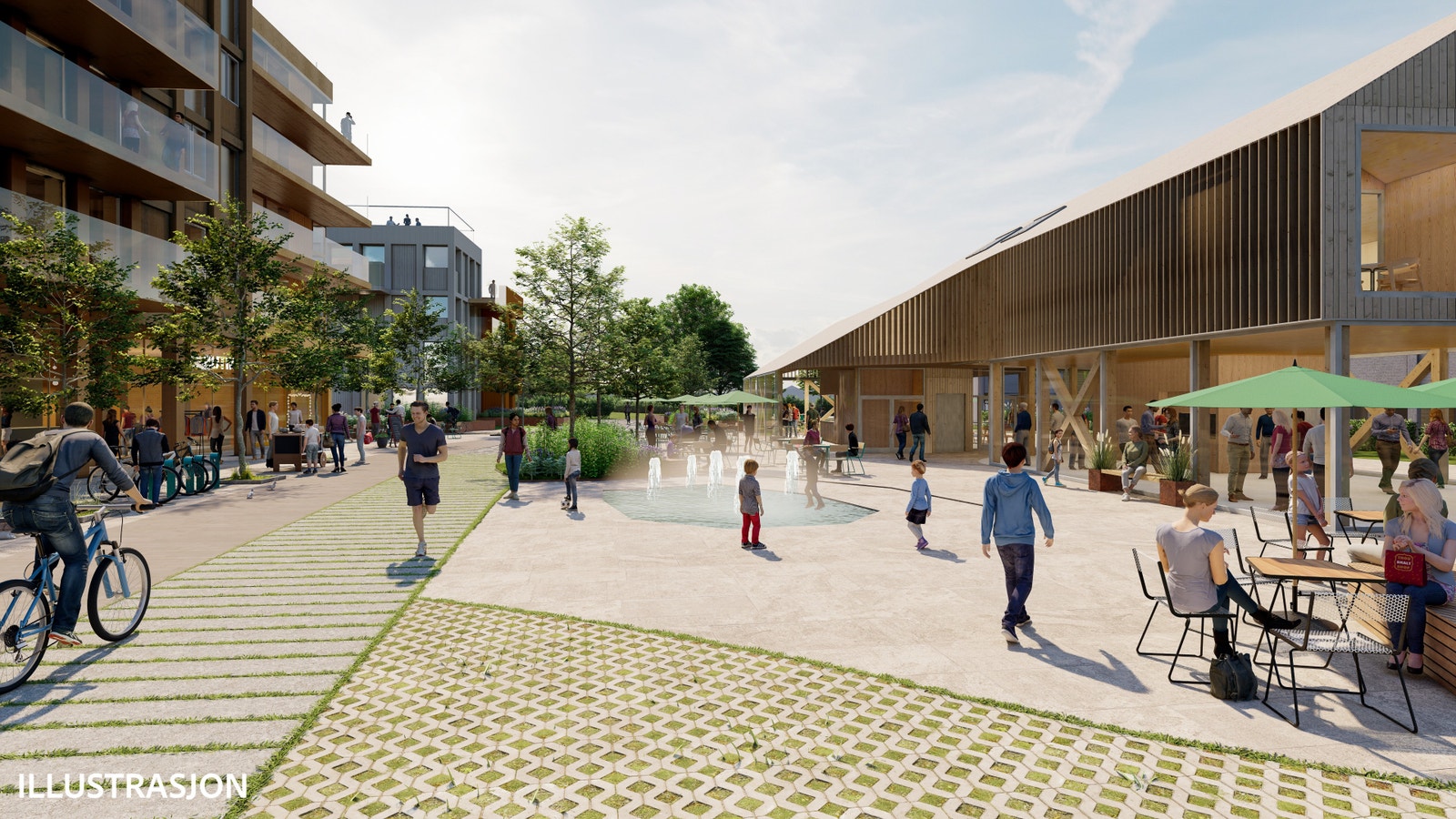 Midt på torget kommer selve hjertet i prosjektet – Torghuset. Dette blir et koselig grendehus som skal fylles med liv fra morgen til sent på kveld. Torghuset vil bygges og etableres i neste byggetrinn. Galleribilde