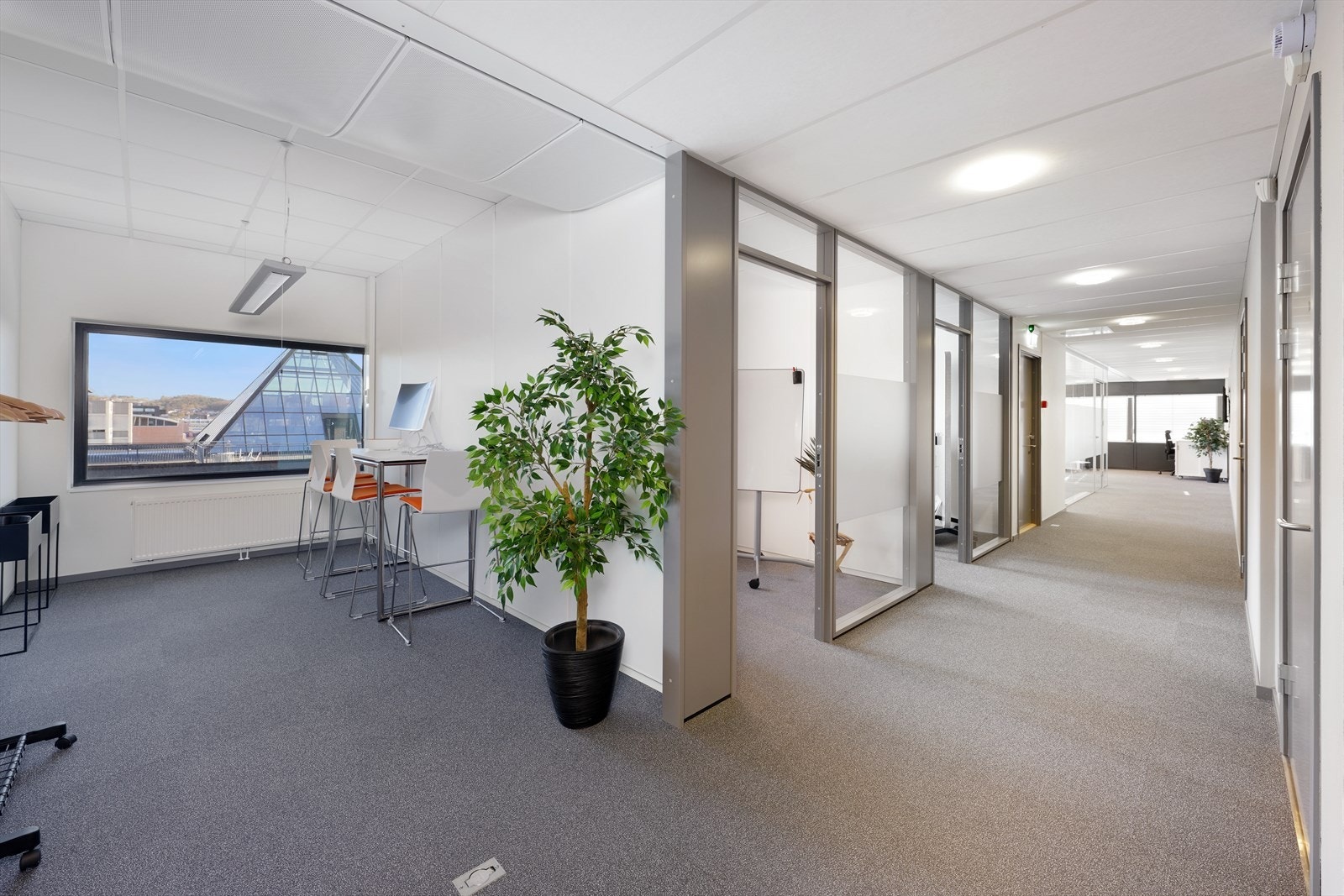 Moderne kontorlokaler med en blanding av åpen planløsning og cellekontorer, store vinduer og naturlig lys, ideelt for dynamiske arbeidsmiljøer. Galleribilde