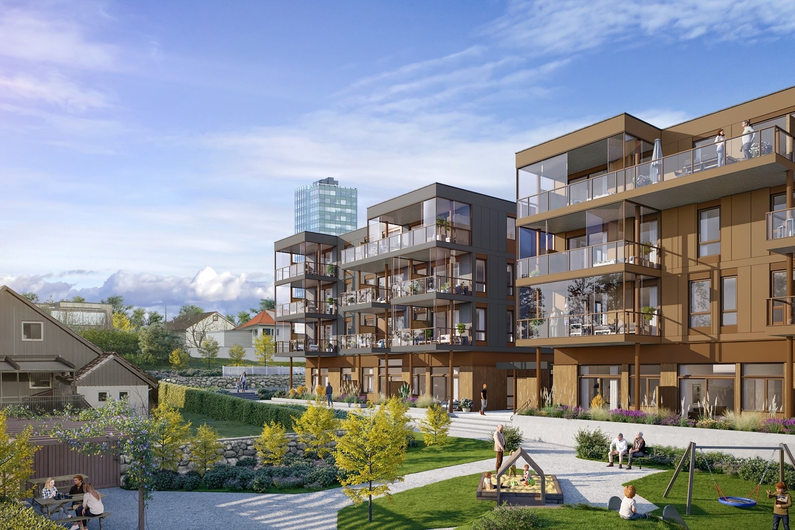 Velkommen til 550. Nye leiligheter i Bryne sentrum. Det mørke bygget får 11 leiligheter, og det lyse får 13 stk. Galleribilde