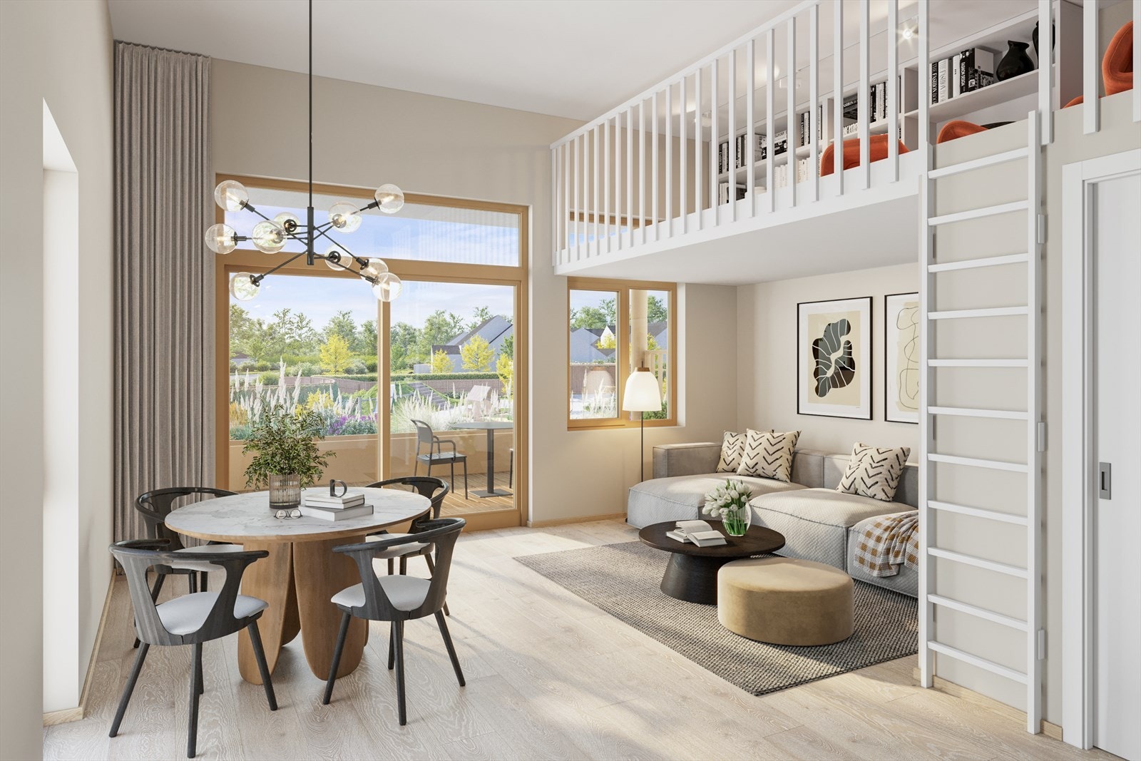 Leilighetene i 1 etasje får ca 4 meter takhøyde. Dette utnyttes med en hems over noe av arealet. Leilighet A 101. Galleribilde