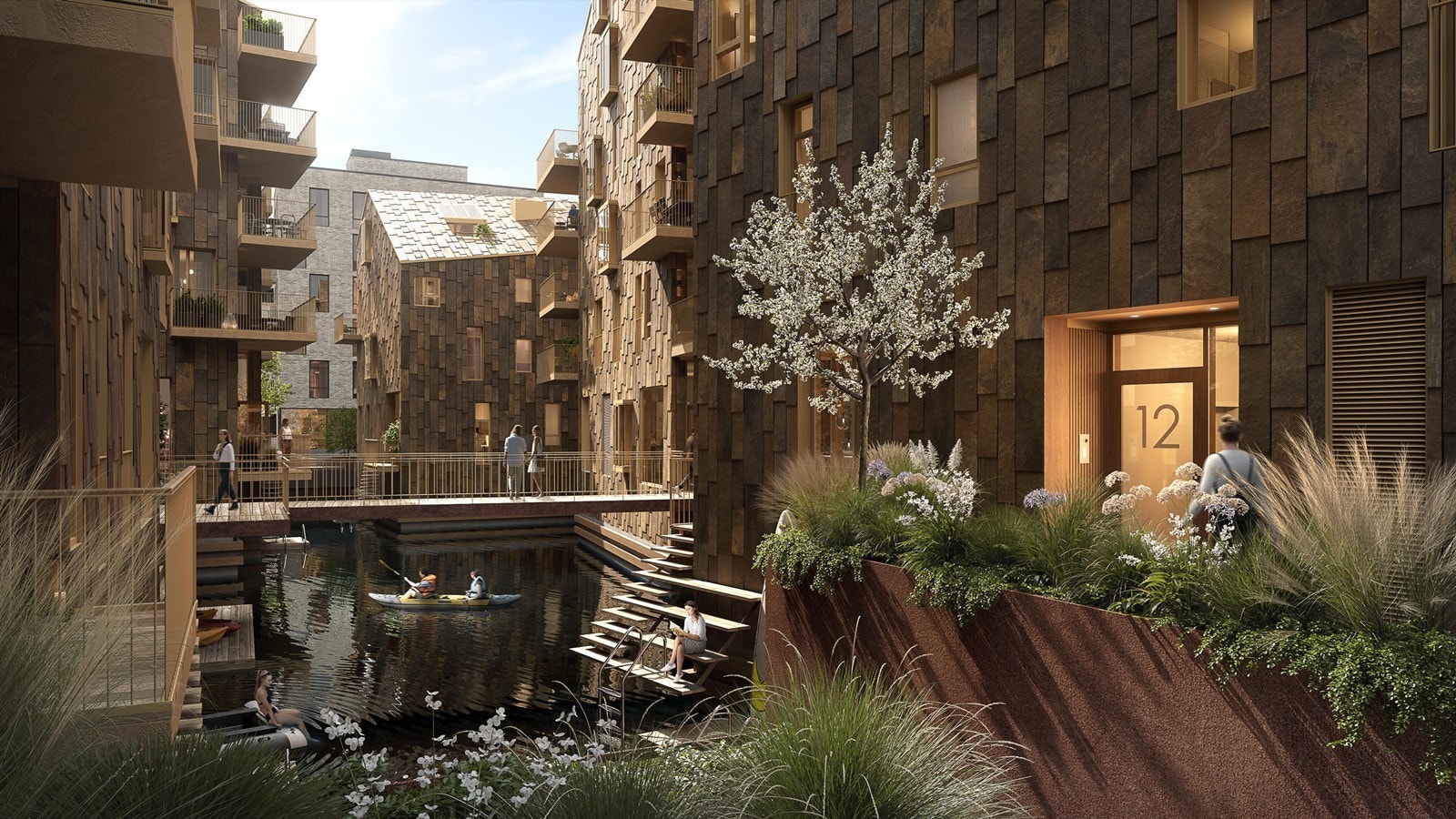 Det interne vannspeilet: Fjorden ledes inn mellom husene og bidrar til en maritim stemning. Illustrasjon lånt fra OSU Galleribilde