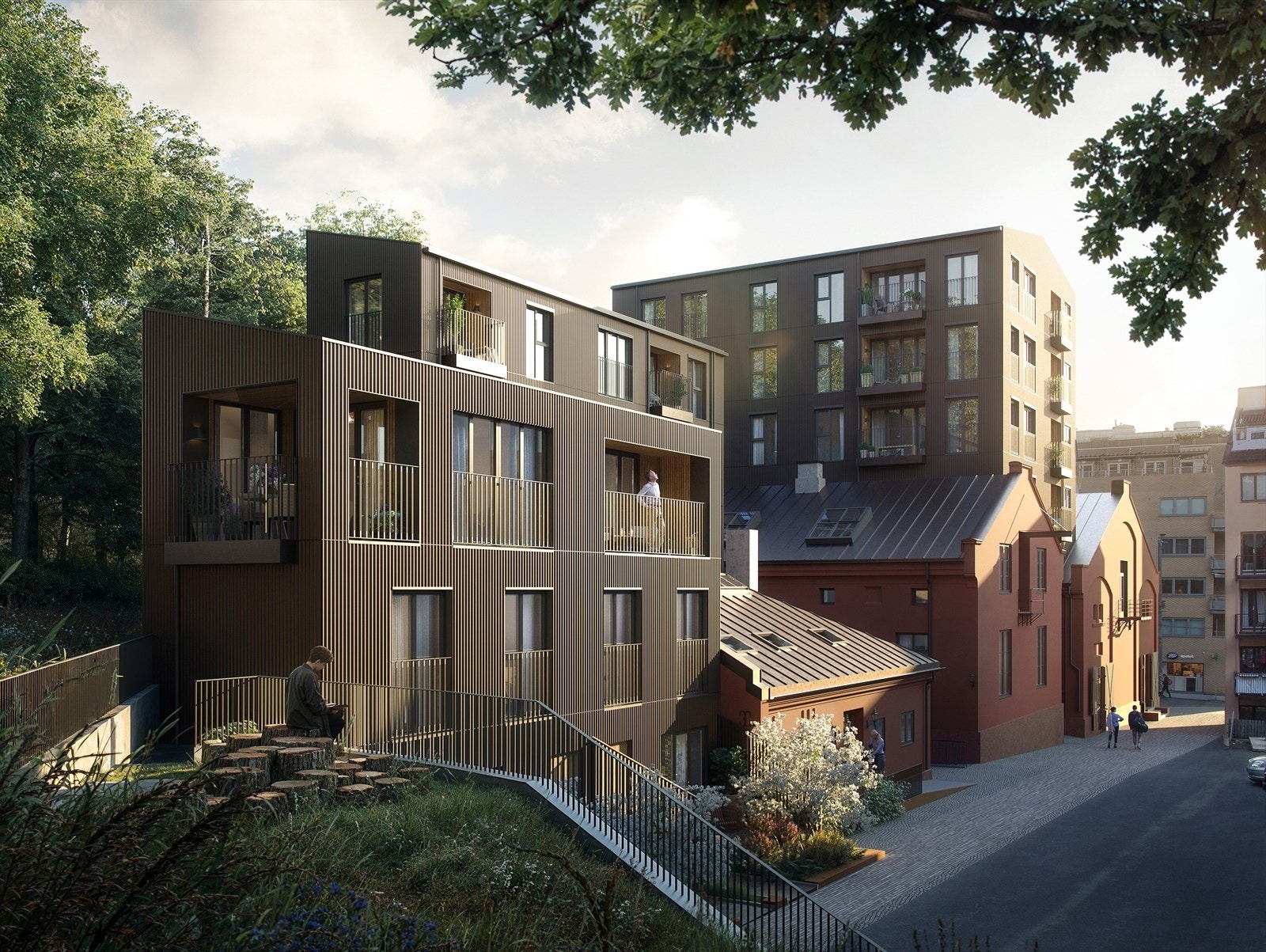 Usjenert beliggenhet helt på toppen. Leilighet LB501 ligger tilbaketrukket over Byhusene og Bryggerhuset, med uhindret utsikt mot Stensparken. Kun ment som illustrasjon. Galleribilde