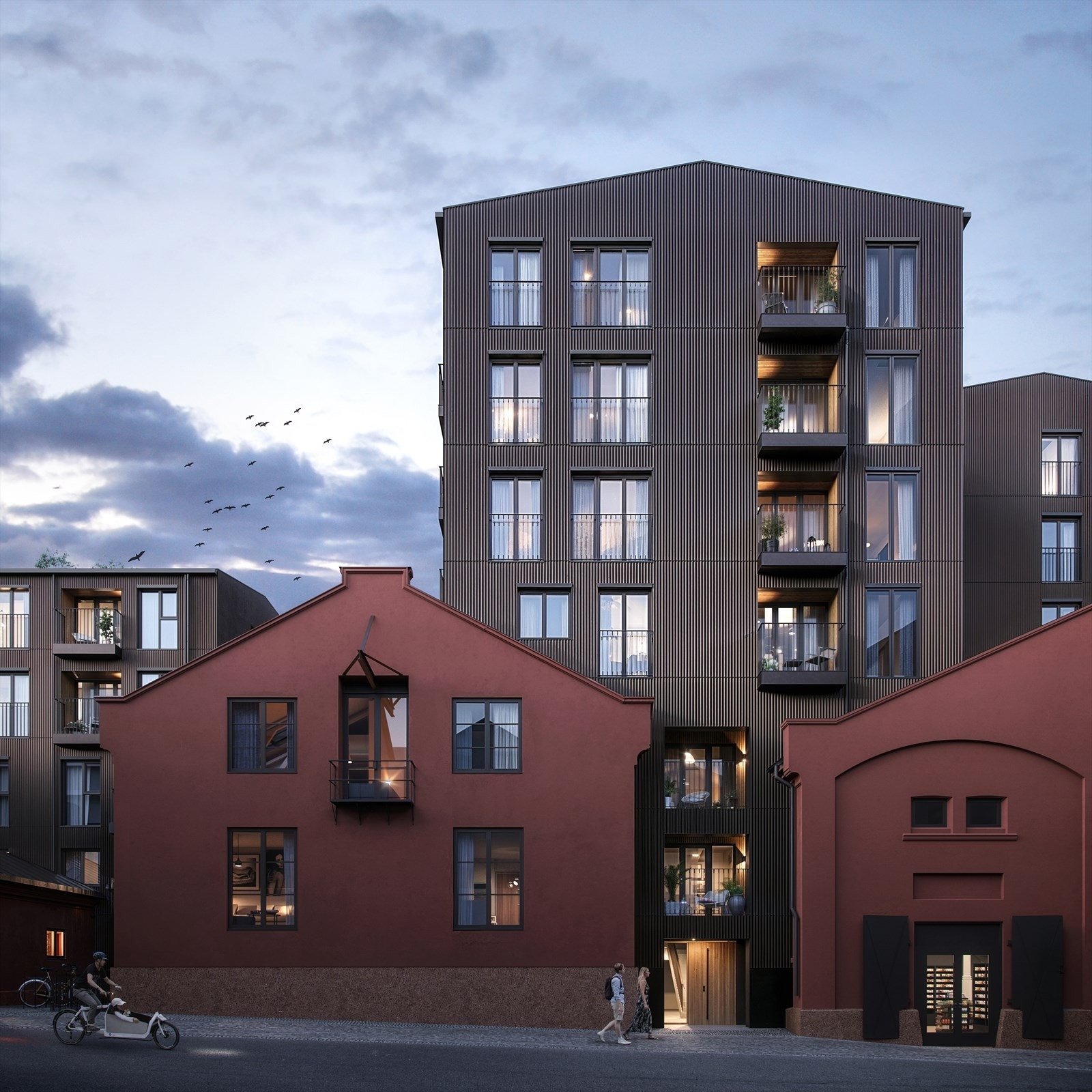 Fasade sett fra Syd. Leilighet LB501 øverst til venstre i bildet. Kun ment som illustrasjon. Galleribilde