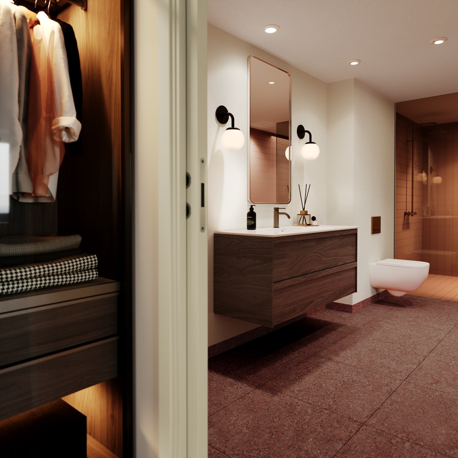 Delikat bad, gjennomtenke fargevalg fra interiørarkitektene i Curios Yellow Design. Kun ment som illustrasjon. Galleribilde