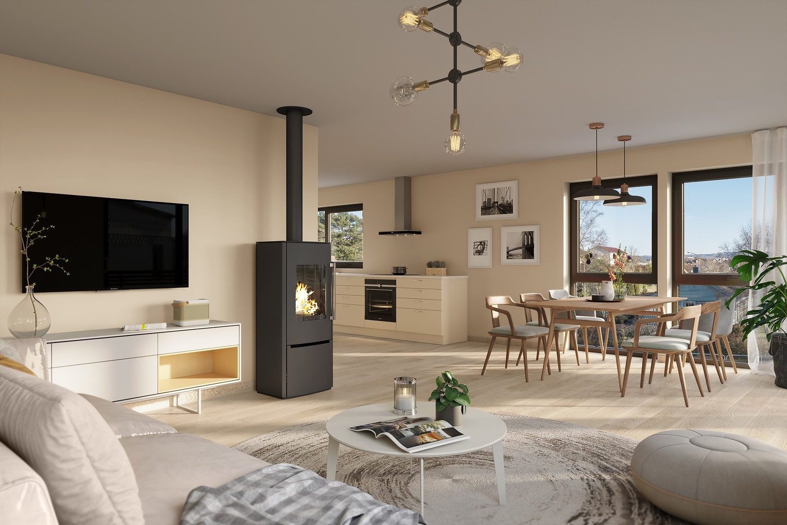 Underetasjen vil bestå av vindfang, hall, bad, vaskerom og tre soverom. Beveger man seg en etasje opp vil man finne en stor åpen stue-kjøkkenløsning, kontor, wc og soverom. Galleribilde