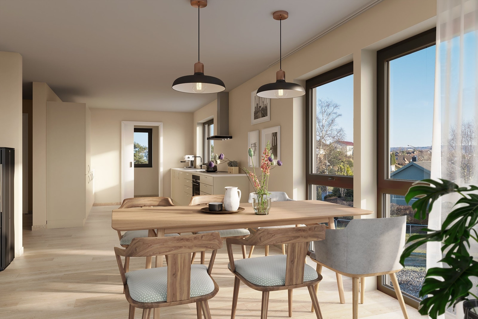 Stue- og kjøkkenarealet vil oppleves som svært romslig og luftig med god plass til både spisegruppe og sofagruppe. Det leveres varmekabler på bad, vaskerom og i vindfanget samt balansert ventilasjonsanlegg. Galleribilde