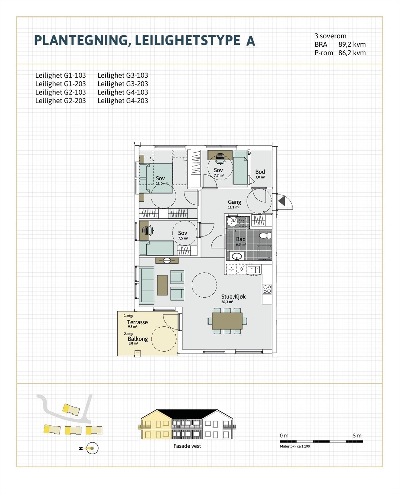 Plantegning leilighetstype A med 3 soverom Galleribilde