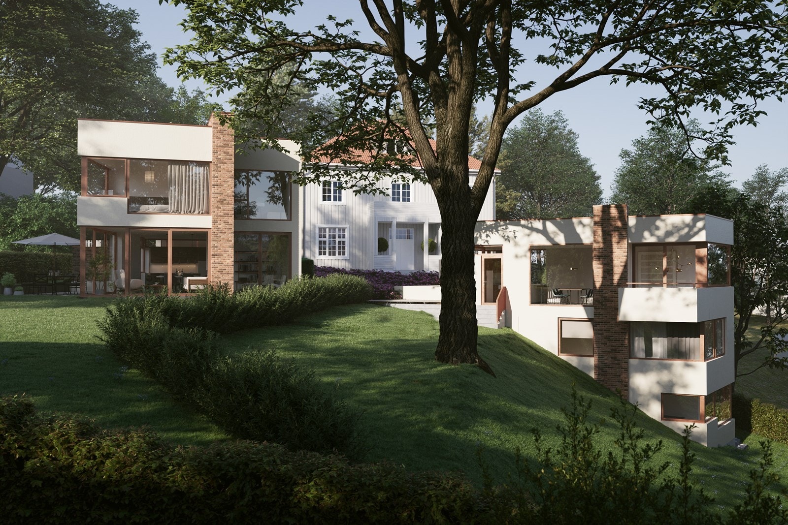 Begge boligene ligger solrikt i trafikkstille grønne omgivelser. Hus 1 til venstre. Hus 2 til høyre. Galleribilde