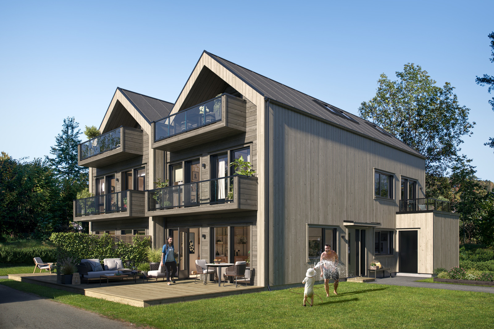 Fasade mot vest av Hus 1 og Hus 2
