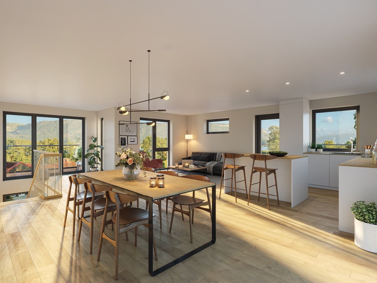 Boligene får kjøkken og stue i åpen og romslig løsning med utgang til 3 uteplasser Galleribilde