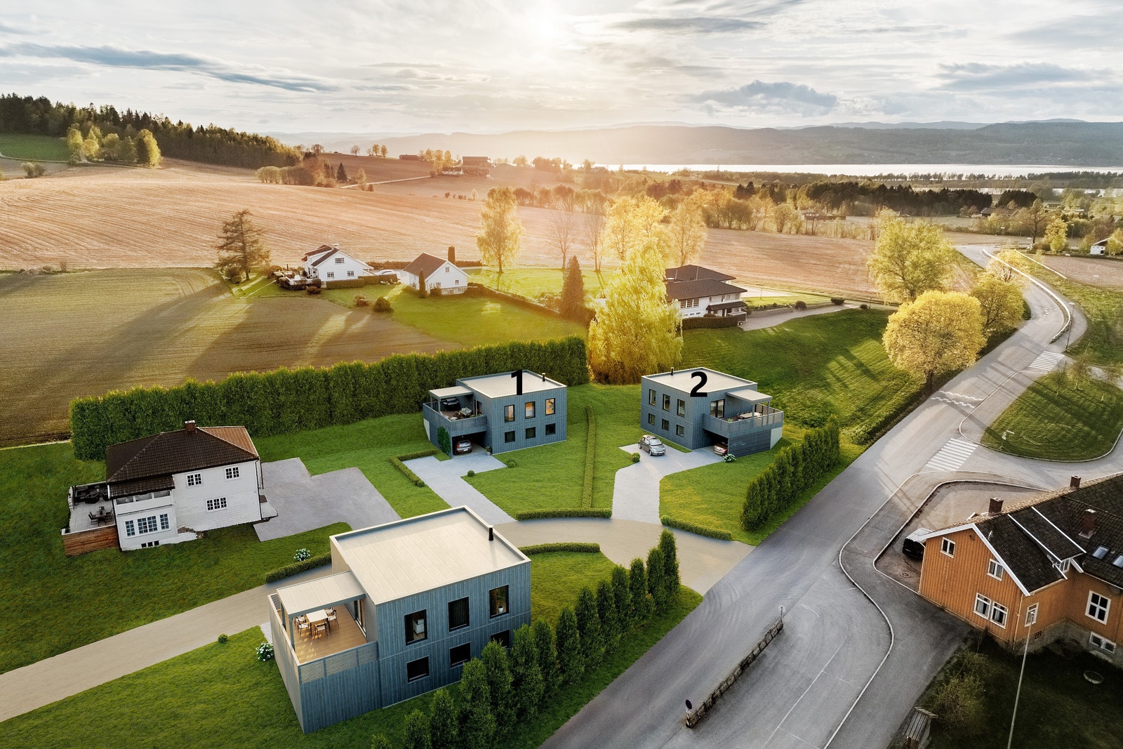 Boligene får en attraktiv beliggenhet i landlige omgivelser med gode solforhold og fjordgløtt mot Tyrifjorden. Galleribilde