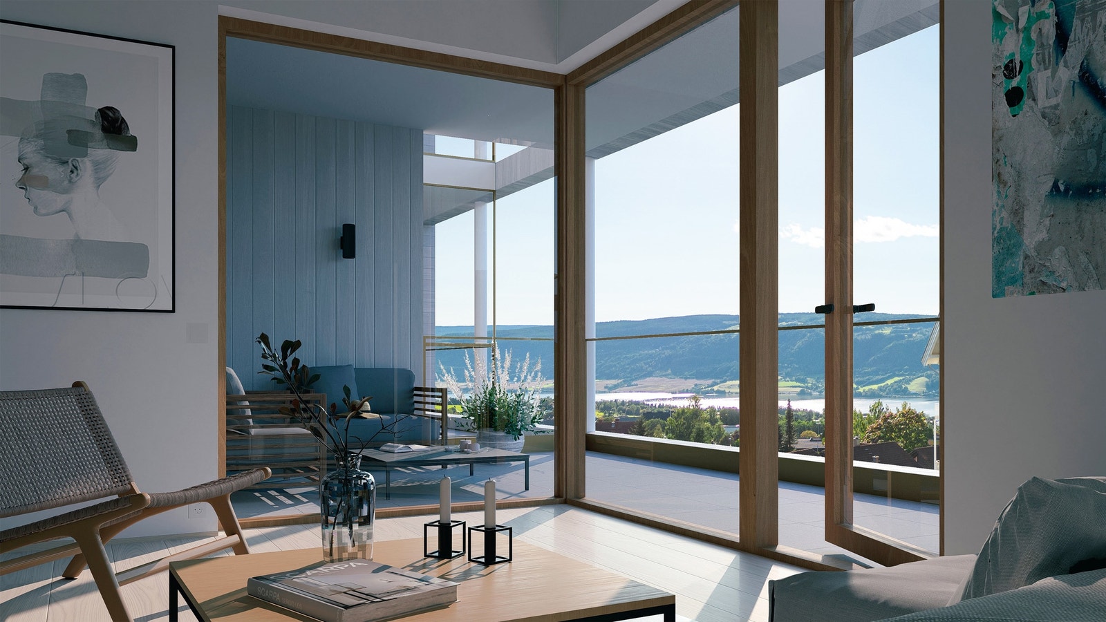 De fleste leilighetene får flott utsikt fra balkongen men også innenifra. Her vist fra leilighet 301. Dette er en illustrasjon og avvik vil forekomme. Galleribilde