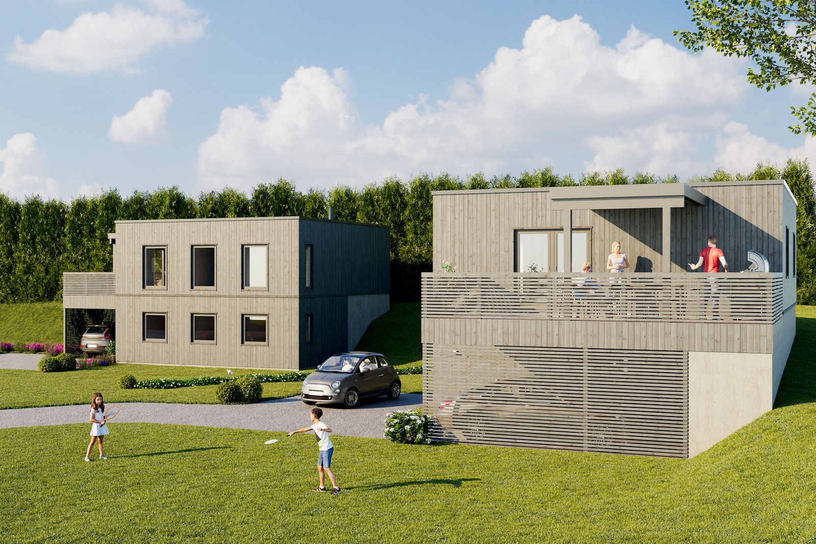 Illustrasjon av boligene med solrik og delvis overbygget terrasse over carport Galleribilde