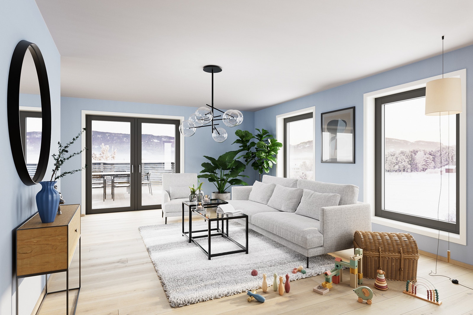 Illustrasjon av stue med utgang til terrasse Galleribilde