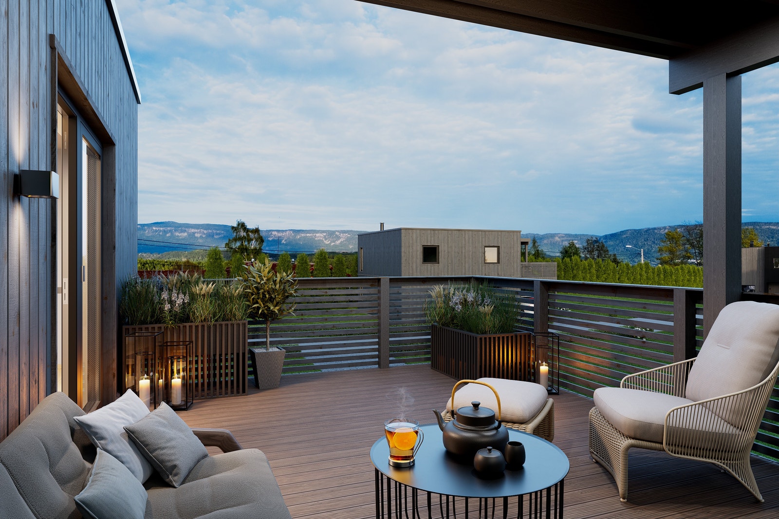 Illustrasjon av delvis overbygget terrasse over carport Galleribilde