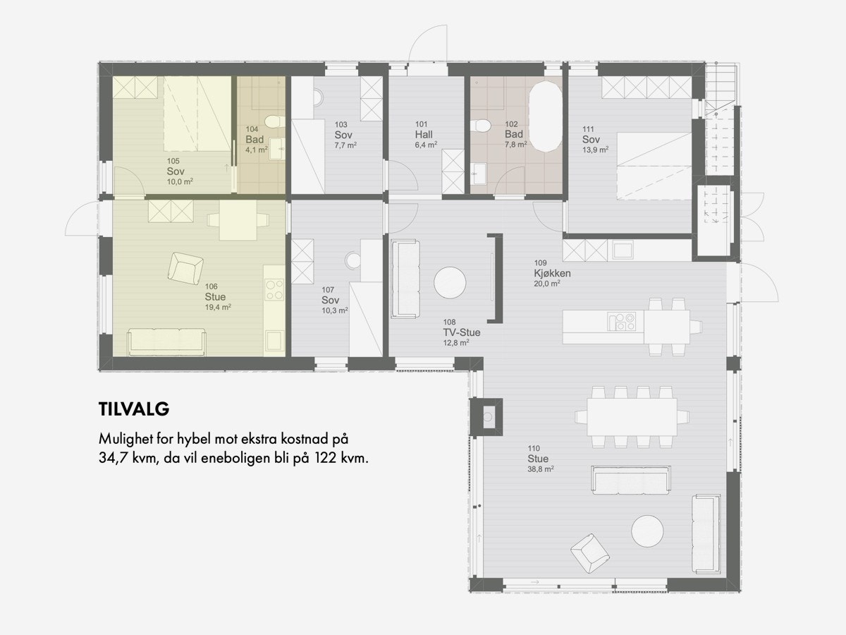 Planløsning bolig på ett plan med hybel/praktikantdel. Galleribilde