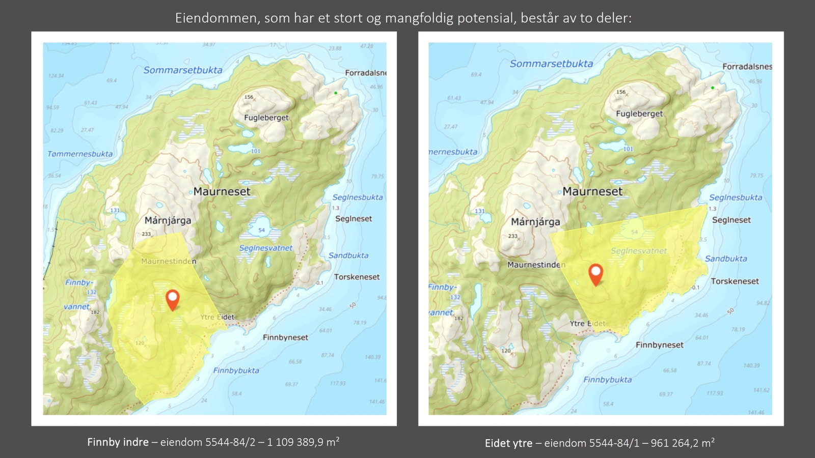 Eiendommen består av to deler, Finnby indre (til venstre) og Eidet ytre (til høyre).
The property has two parts, Inner Finnby (left) and Outer Eidet (right). Galleribilde