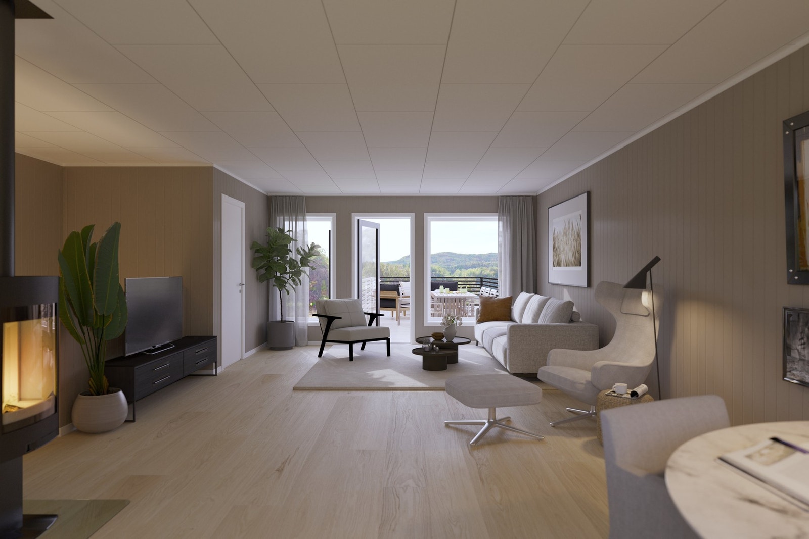 Boligtype A og B - 2. etg.: Romslig stue med store vindusflater og gjennomlys. Illustrasjon, avvik vil forekomme. Galleribilde