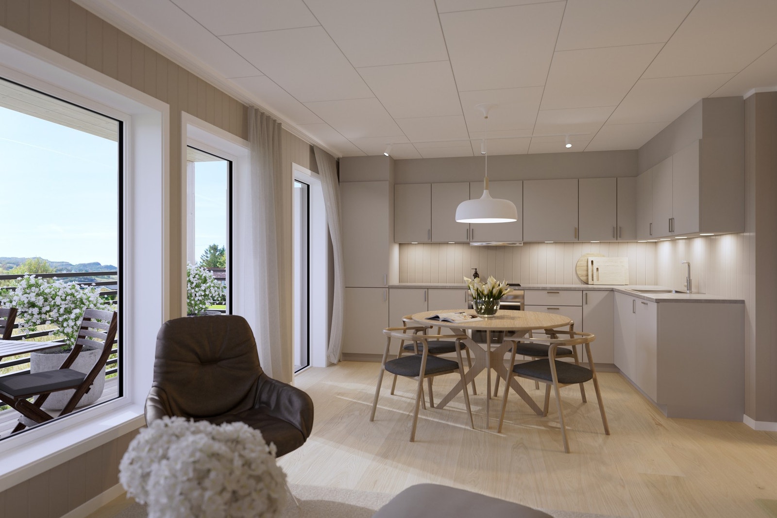 Leilighet type D1-3 og D2-3 - Stue med åpen kjøkkenløsning. Illustrasjon, avvik vil forekomme. Galleribilde