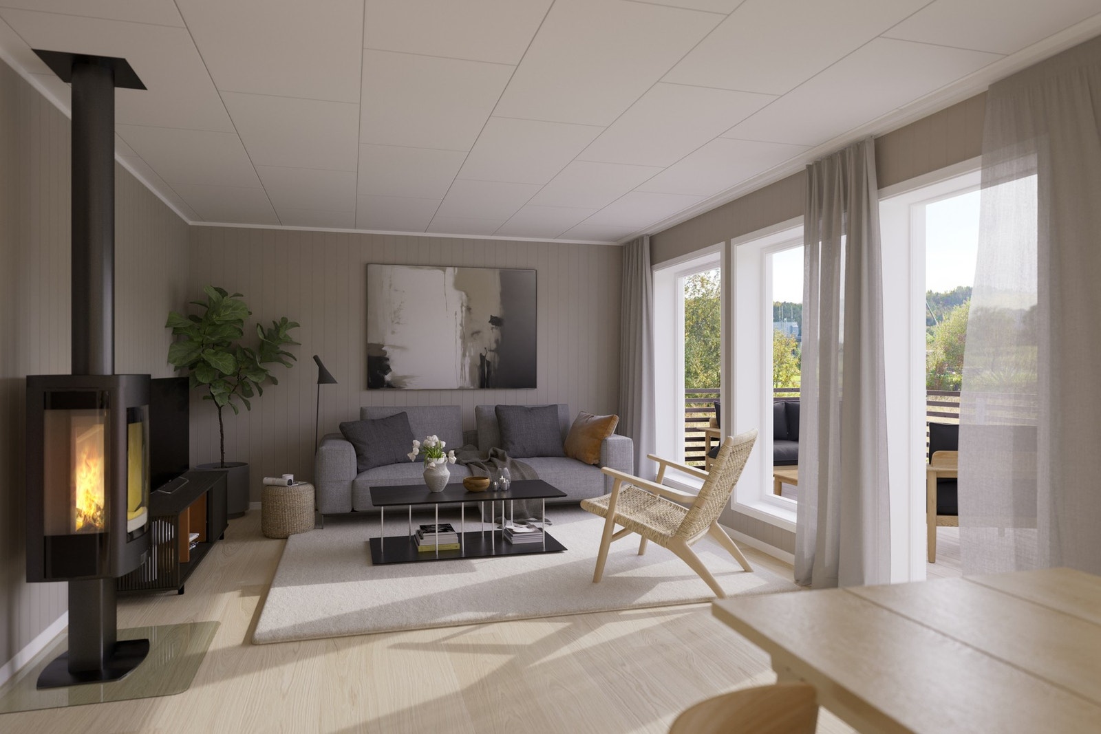 Leilighet type C - Stue med åpen med store vindusflater og leveres tilrettelagt for vedfyring. Illustrasjon, avvik vil forekomme. Galleribilde