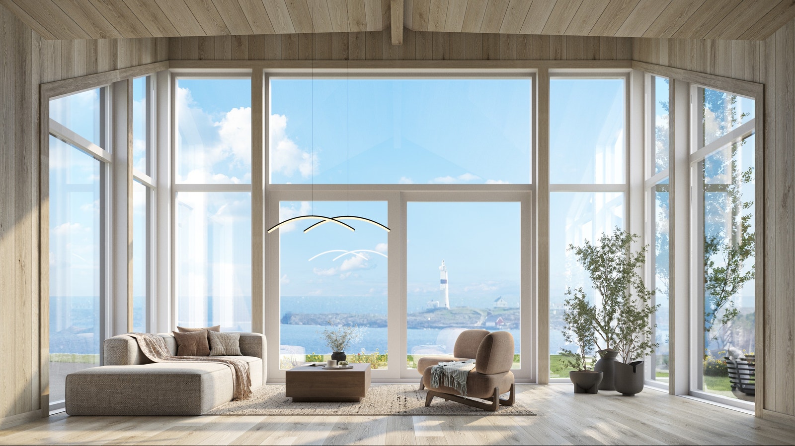 Illustrasjon av fritidsbolig innvendig m/utsikt - avvik fra standard leveransebeskrivelse. Galleribilde