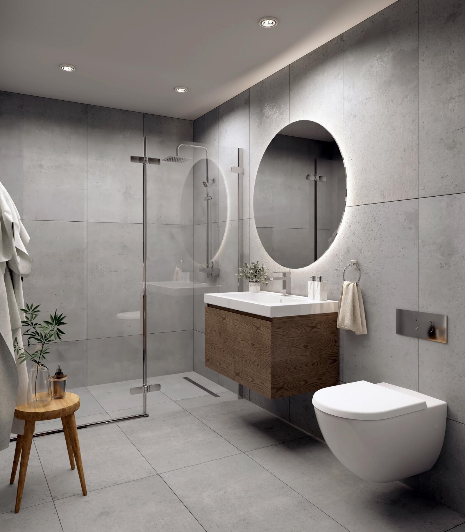 Det leveres baderom m/ blant vegghengt toalett i sort (ikke hvit), servantskap i sort eik (ikke naturlig eik) og dusjvegg sort 90x90 (ikke børstet stål). Det leveres som standard 60x60 fliser, ikke 60x120 fliser som illustrert. Kan leveres som tilvalg. Galleribilde