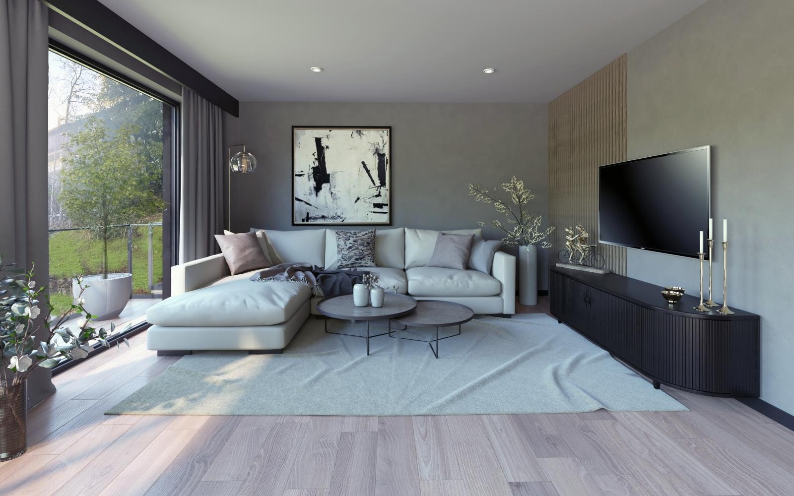 Boligene vil få en romslig stue-kjøkkenløsning på ca. 43 m² i andre etasje med direkte utgang til balkong - Kun illustrasjon (avvik vil forekomme). Galleribilde