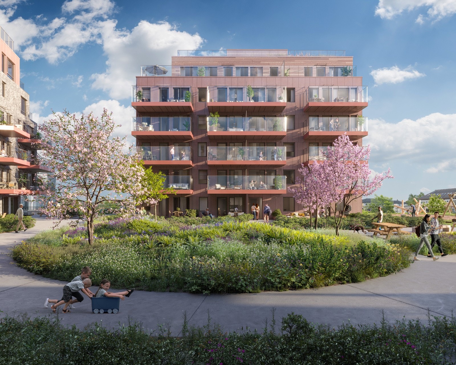 Mellom byggene tilrettelegger vi for grønne fellesområder hvor det blir godt å møtes. Galleribilde