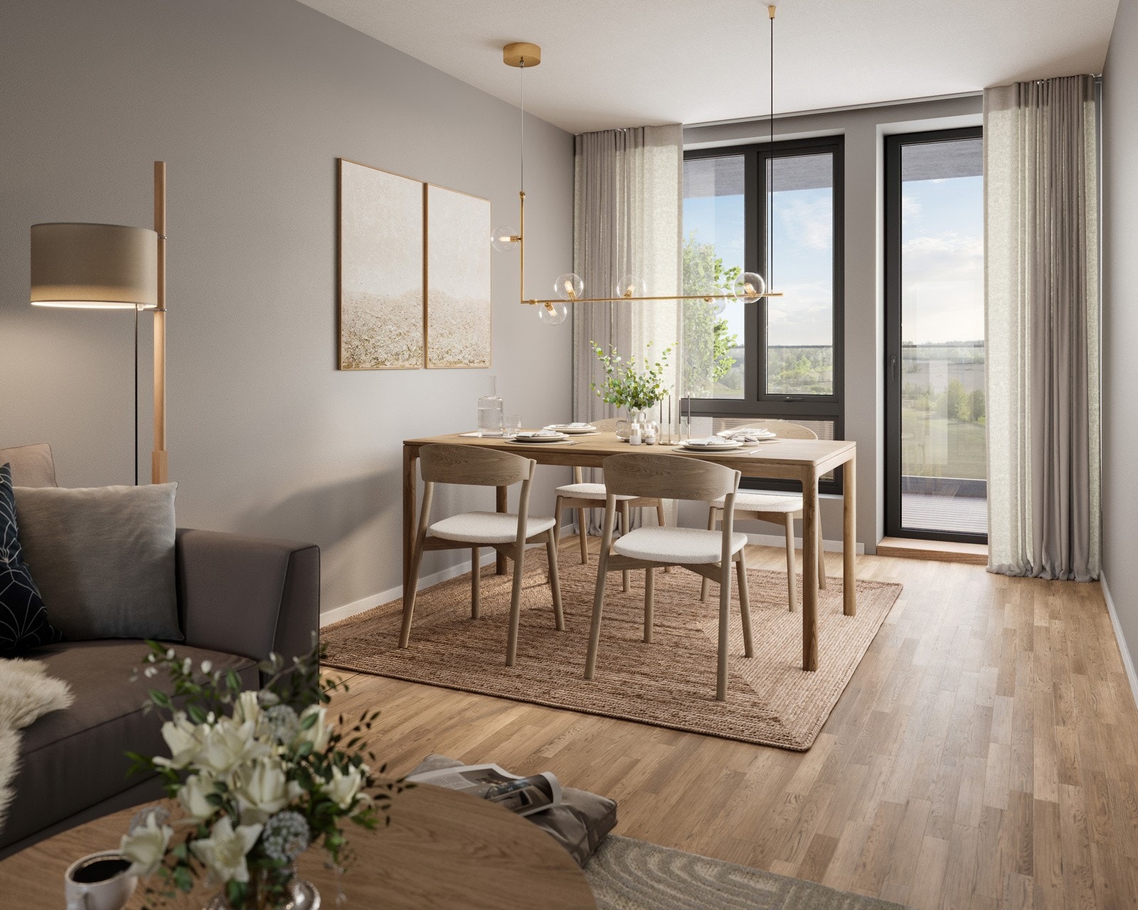 På gulv legges 3-stavs eikeparkett, lys hvitpigmentert. Galleribilde