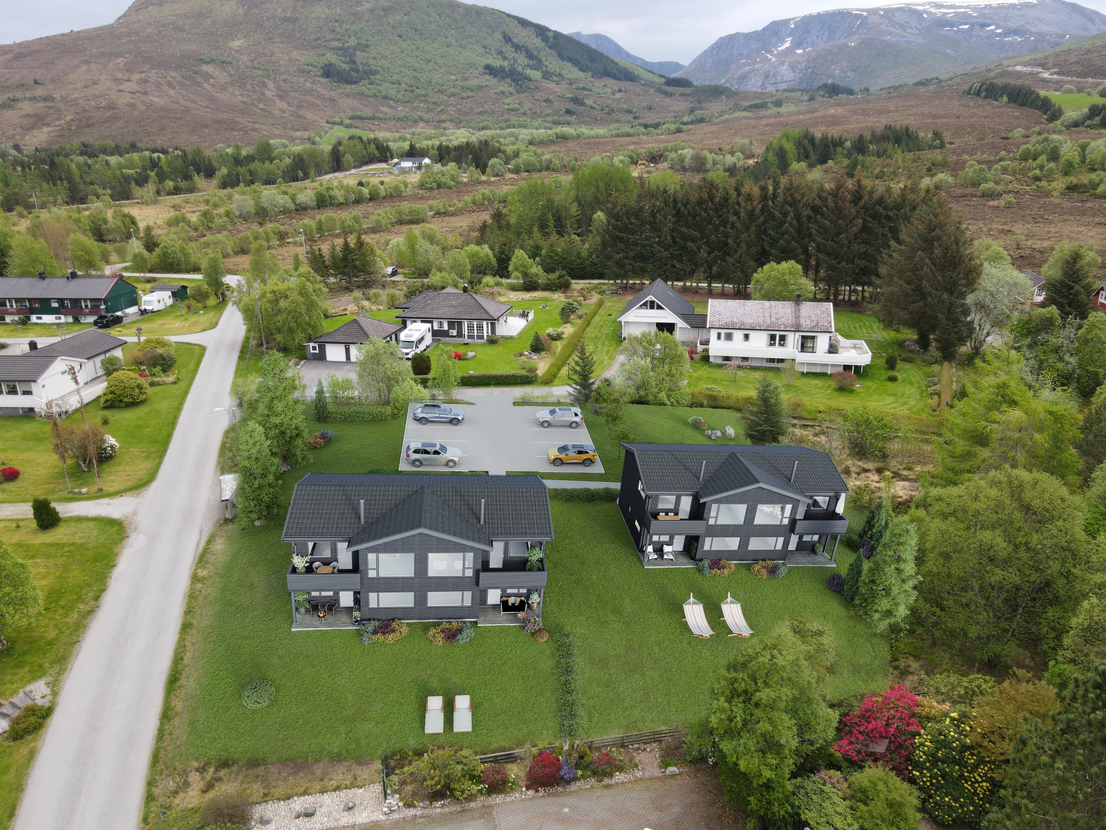 Boligene har godt med boltreplass og parkeringsplasser - både for beboere og gjester. Bildet er illustrasjonsfoto og kan avvike fra leveransen