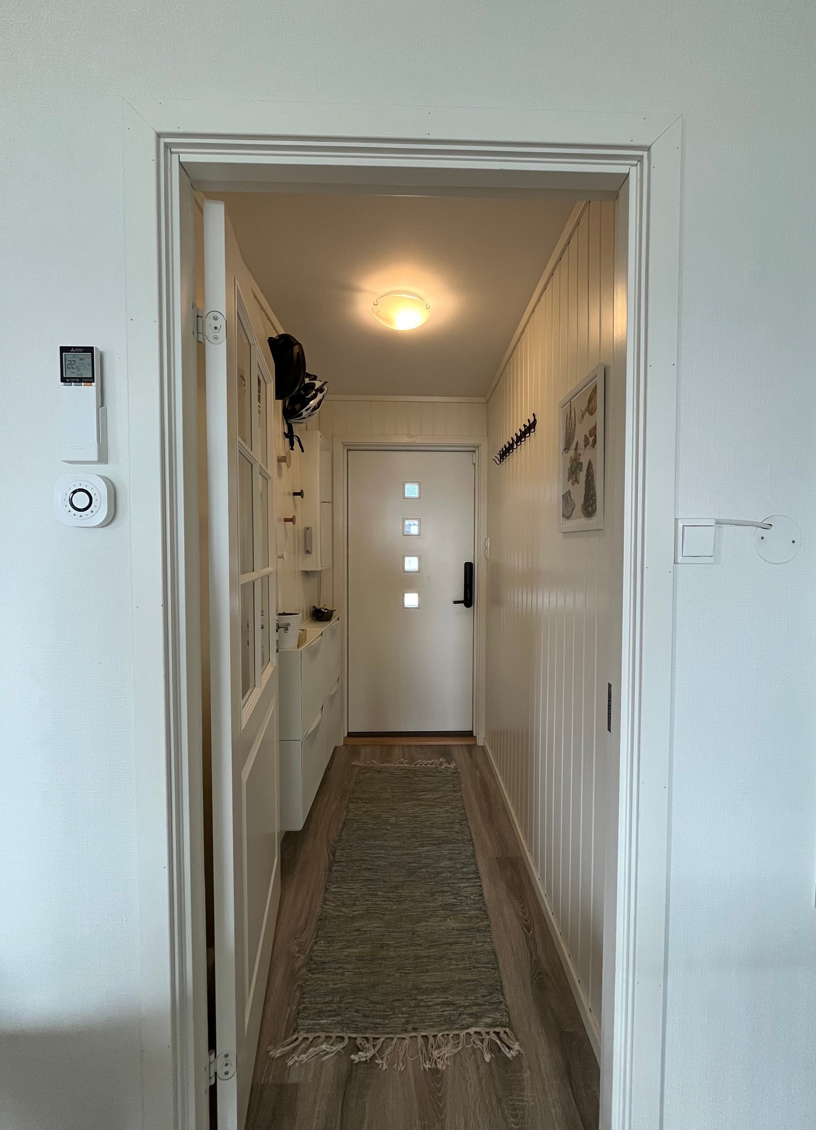 Gangen med inngangsdør, her er det god plass til oppbevaring av sko i skoskap og jakker på knaggrekke. Galleribilde